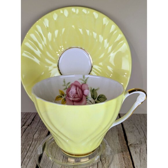 VTG Yellow Fine Bone China Teacup and Saucer Set With Pink Rose Made in England - Picture 1 of 7